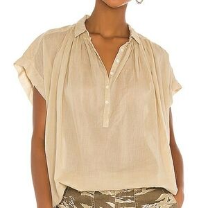 Nili Lotan Normandy Oversized Short Sleeve Cotton Blouse Khaki Medium